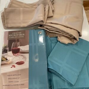 Origins Microfiber Tablecloth Set - Tan and Turquoise with Matching Napkins